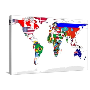 Art.com Map Of World With Flags In Relevant Countries, Isolated On White Background Stretched Canvas Print Wall Art by Speedfighter, 36" x 24"