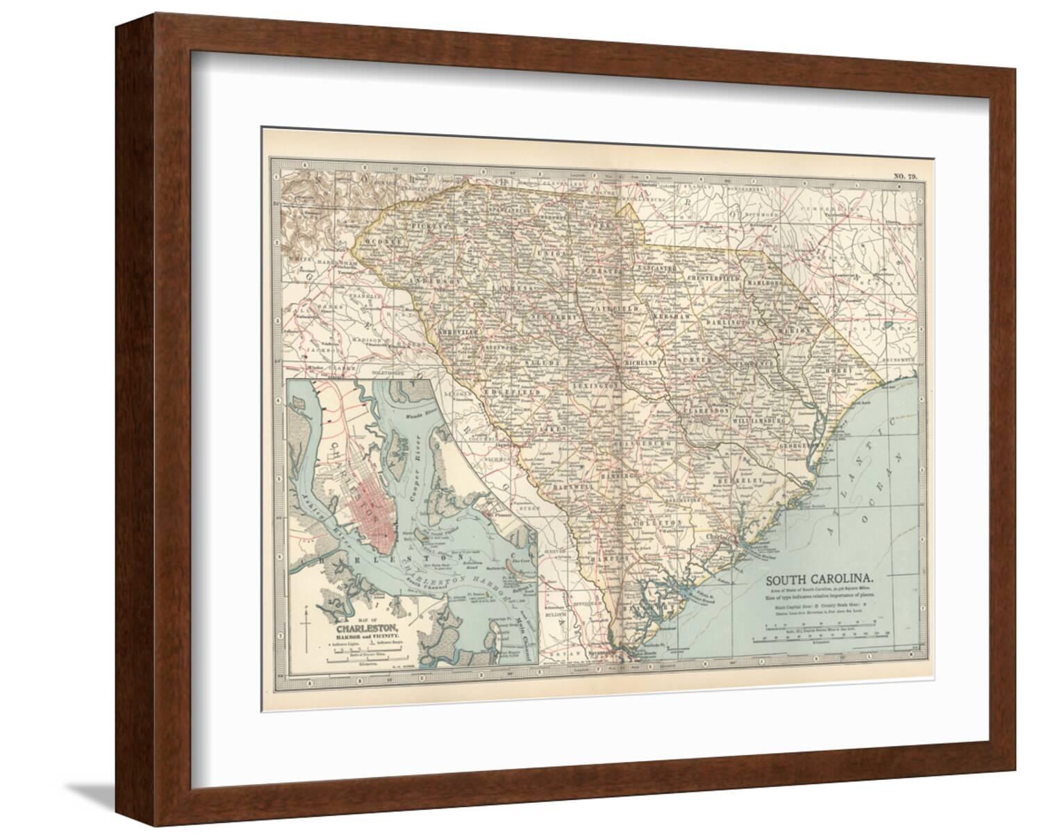 Art.com Map of South Carolina. United States. Inset Map of Charleston ...