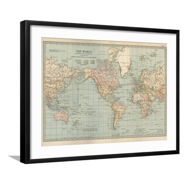 Art.com Map of the World on Mercator's Projection, Showing the Chief Countries and their Colonies Art Print by Encyclopaedia Britannica, Black Frame Wall Art, 29" x 23"