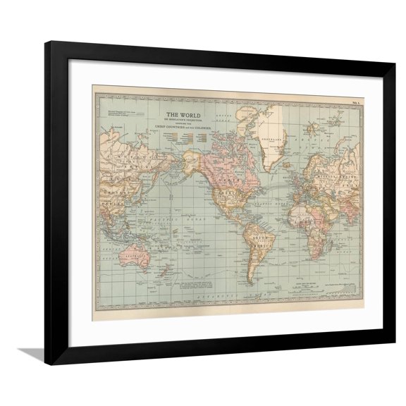 Art.com Map of the World on Mercator's Projection, Showing the Chief Countries and their Colonies Art Print by Encyclopaedia Britannica, Black Frame Wall Art, 40" x 32"