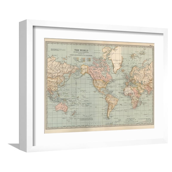 Art.com Map of the World on Mercator's Projection, Showing the Chief Countries and their Colonies Art Print by Encyclopaedia Britannica, White Frame Wall Art, 21" x 17"
