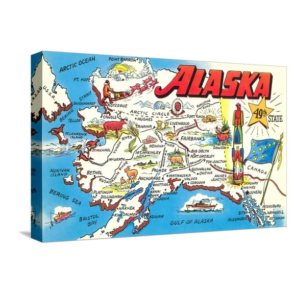 Art.com Map of Alaska Stretched Canvas Print Wall Art, 18" x 12"