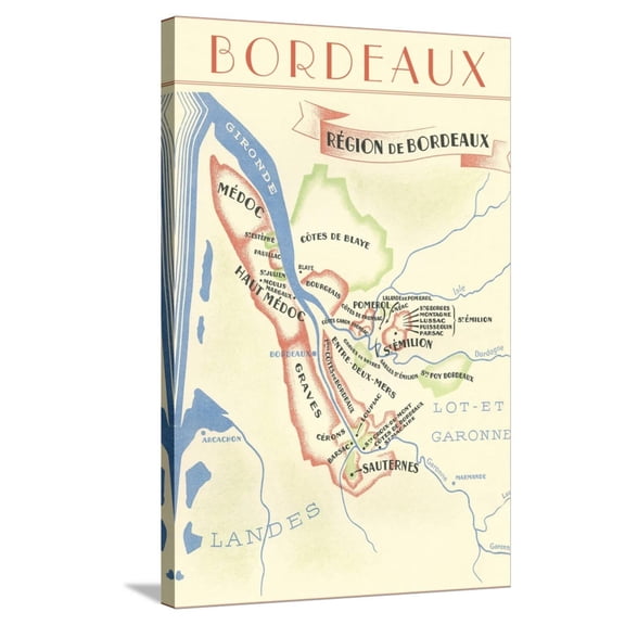 Art.com Map of Bordeaux Region of France Stretched Canvas Print Wall Art, 24" x 36"