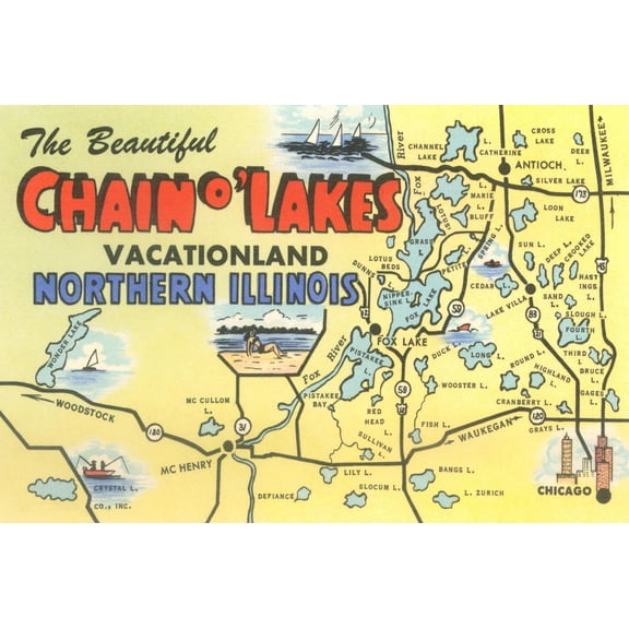 Art.com Map of Chain O'Lakes, Illinois Art Print, 18" x 12"