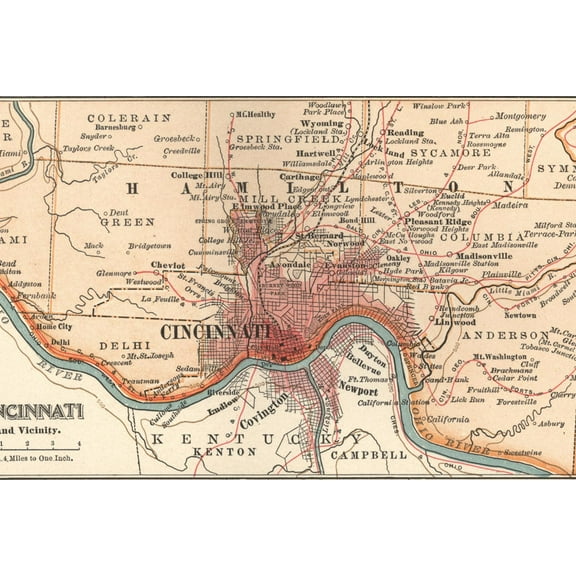 Art.com Map of Cincinnati, Ohio (C. 1900), Maps Art Print by Encyclopaedia Britannica, 18" x 12"
