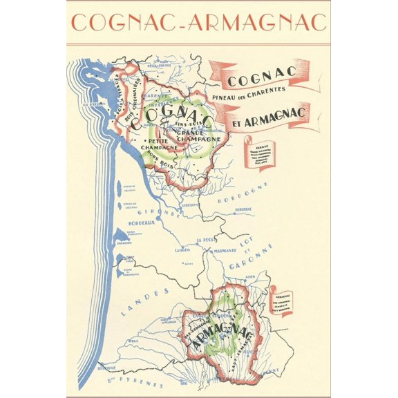 Art.com Map of Cognac-Armagnac Region Stretched Canvas Print Wall Art, 12" x 18"