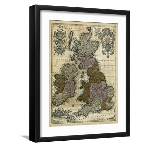 Art.com Map of England, Scotland and Ireland Art Print, Black Frame Wall Art, 17" x 21"