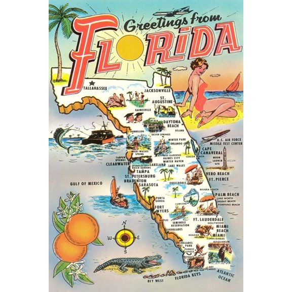 Art.com Map of Florida Art Print, 16" x 24"