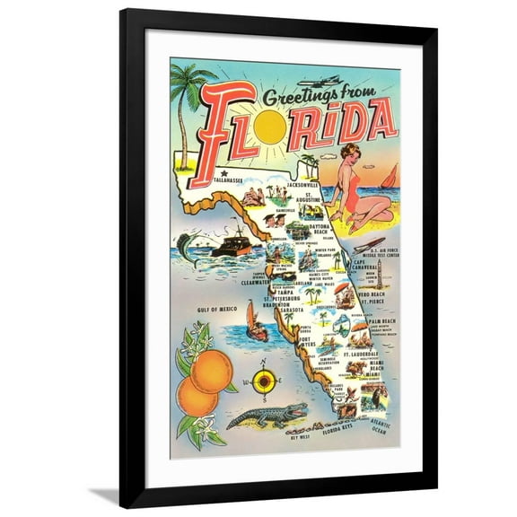 Art.com Map of Florida Art Print, Black Frame Wall Art, 32" x 44"