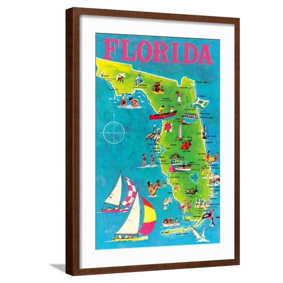 Art.com Map of Florida Art Print, Brown Frame Wall Art, 21" x 29"