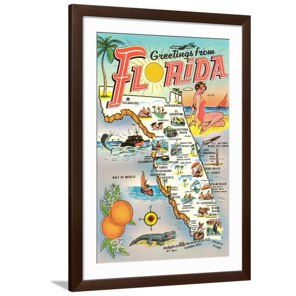 Art.com Map of Florida Art Print, Brown Frame Wall Art, 32" x 44"