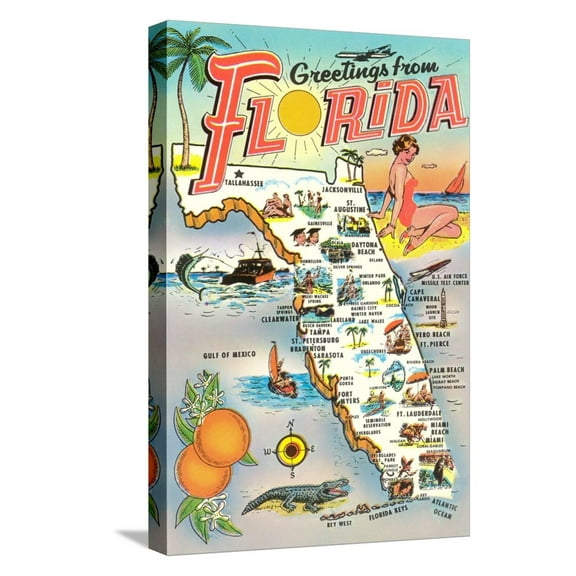 Art.com Map of Florida Stretched Canvas Print Wall Art, 12" x 18"