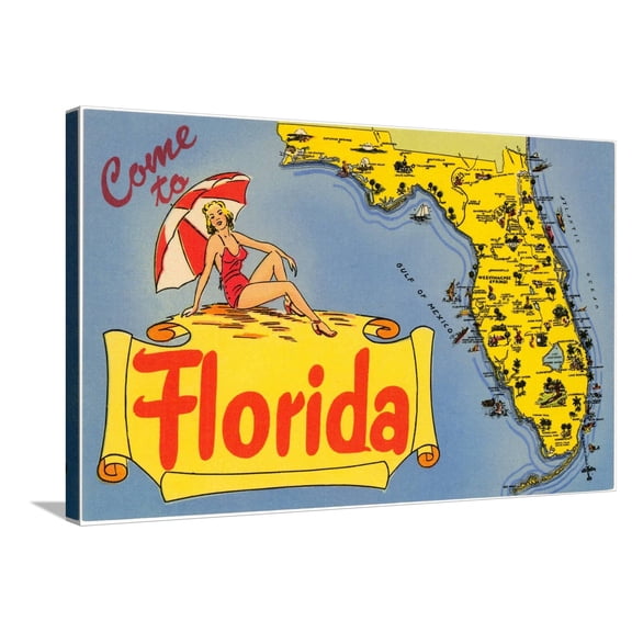 Art.com Map of Florida Stretched Canvas Print Wall Art, 36" x 24"