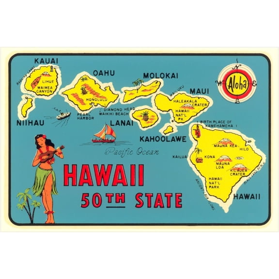 Art.com Map of Hawaiian Islands Art Print, 36" x 24"
