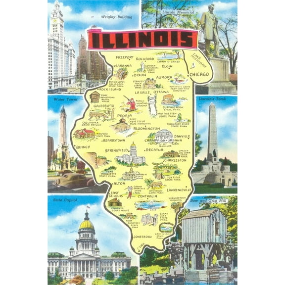 Art.com Map of Illinois, Attractions Art Print, 12" x 18"