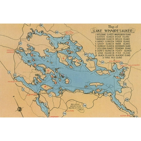 Art.com Map of Lake Winnipesaukee, New Hampshire Art Print, 18" x 12"