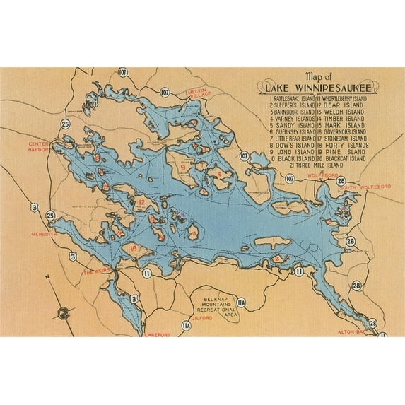 Art.com Map of Lake Winnipesaukee, New Hampshire Art Print, 24" x 16"