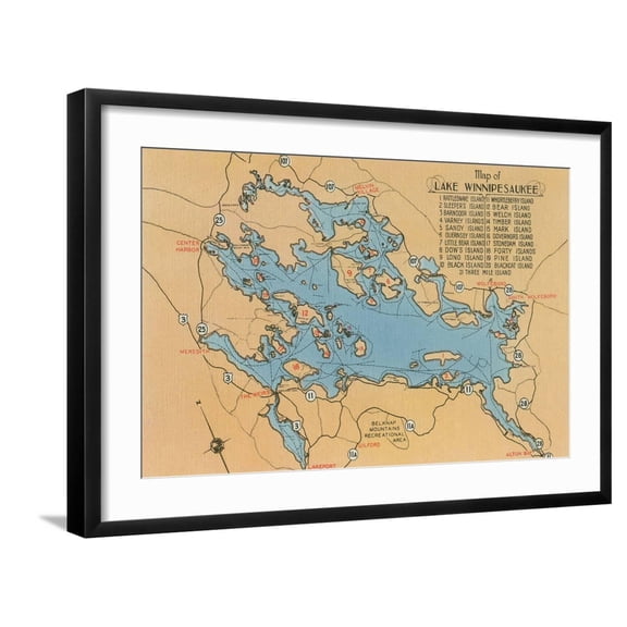 Art.com Map of Lake Winnipesaukee, New Hampshire Art Print, Black Frame Wall Art, 29" x 21"