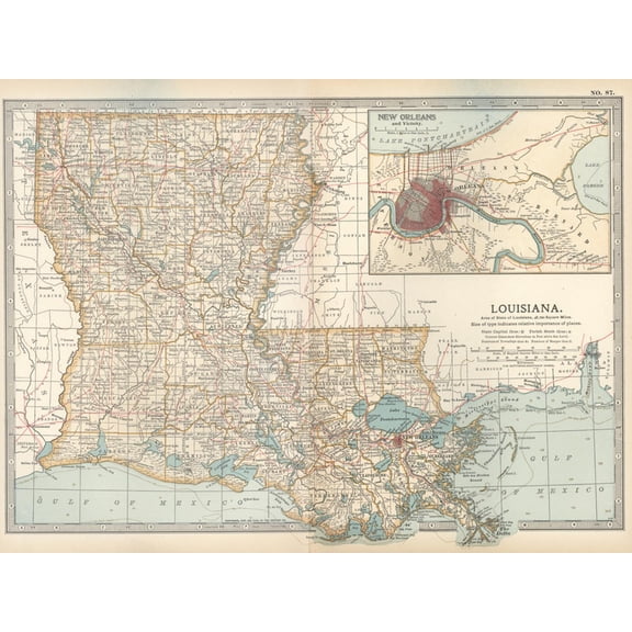 Art.com Map of Louisiana. United States. Inset Map of New Orleans and Vicinity Art Print by Encyclopaedia Britannica, 16" x 12"