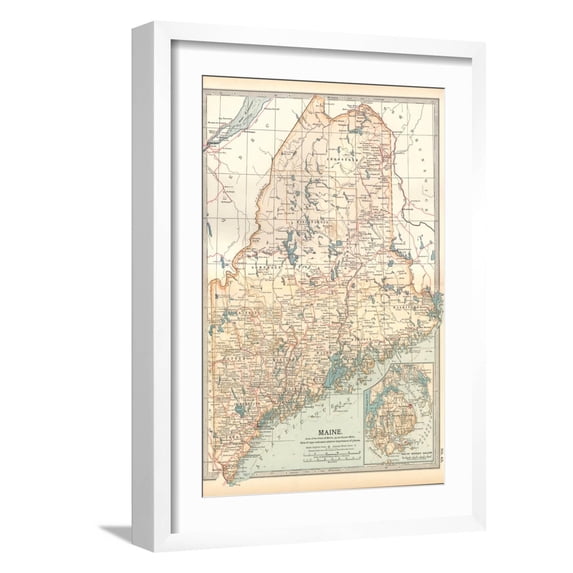 Art.com Map of Maine, United States. Inset of Mount Desert Island Art Print by Encyclopaedia Britannica, White Frame Wall Art, 17" x 23"