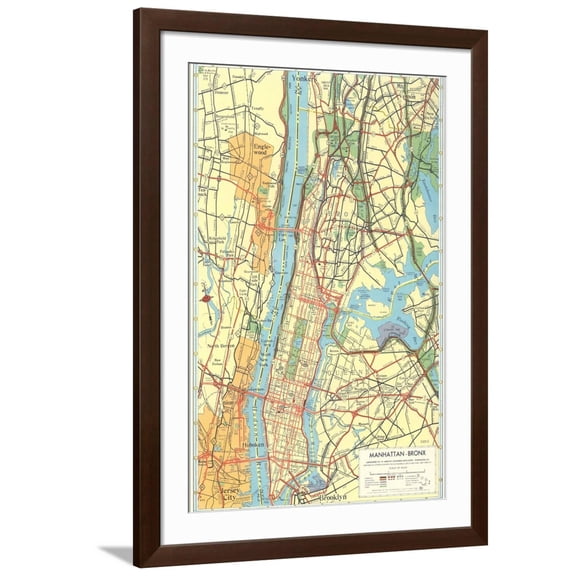 Art.com Map of Manhattan and Bronx, New York Art Print, Brown Frame Wall Art, 32" x 44"