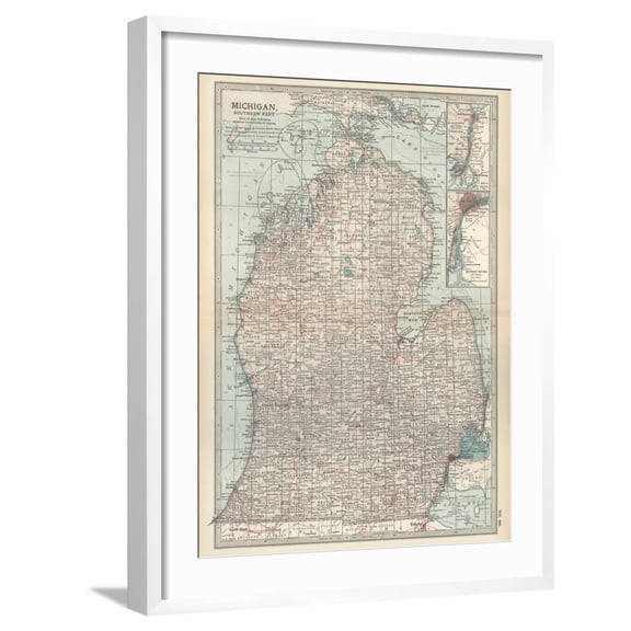 Art.com Map of Michigan, Southern Part Art Print by Encyclopaedia Britannica, White Frame Wall Art, 23" x 29"
