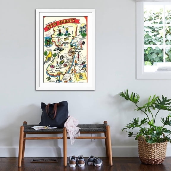 Art.com Map of New Jersey with Attractions Art Print, White Frame Wall Art, 32" x 44"