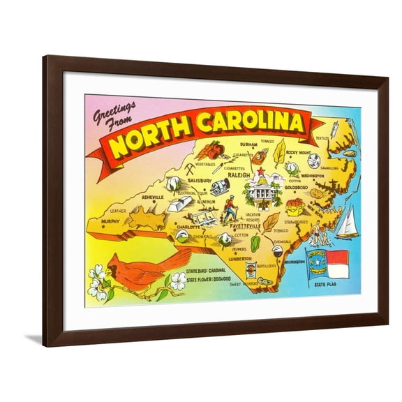 Art.com Map of North Carolina Art Print, Brown Frame Wall Art, 44" x 32"