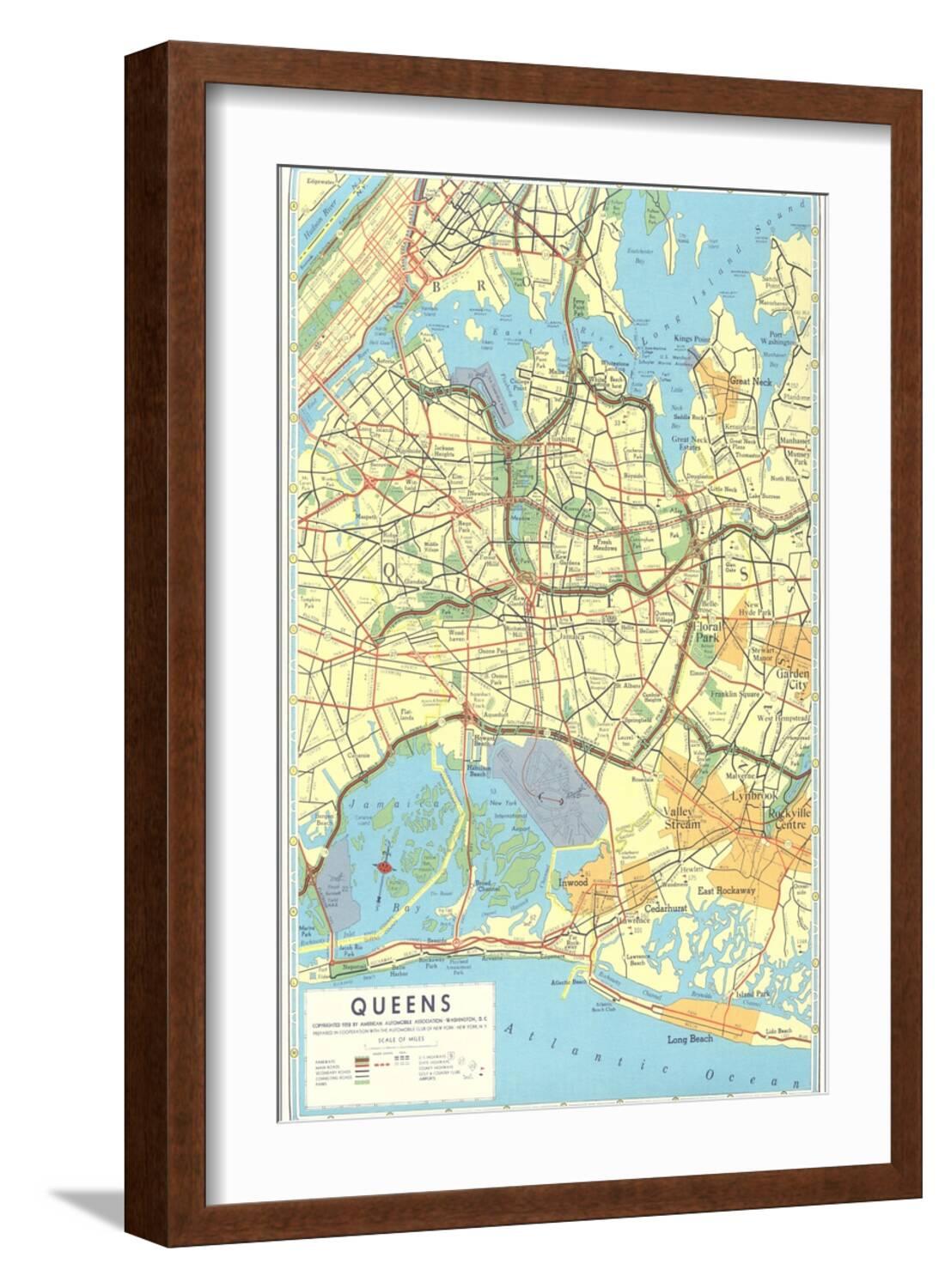 Art.com Map of Queens, New York Art Print, Brown Frame Wall Art, 17