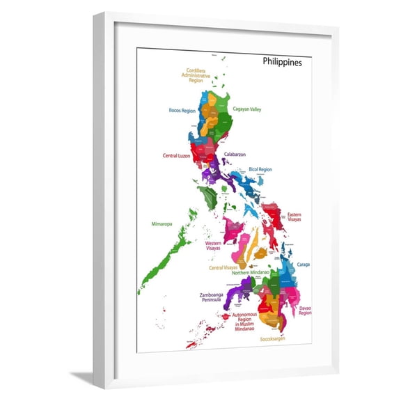 Art.com Map of Republic of the Philippines with Eighty Provinces Art Print by Volina, White Frame Wall Art, 21" x 29"