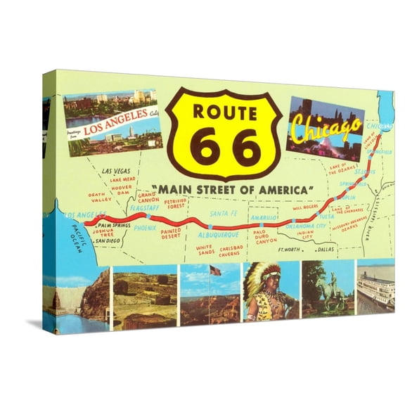 Art.com Map of Route 66 Stretched Canvas Print Wall Art, 24" x 16"