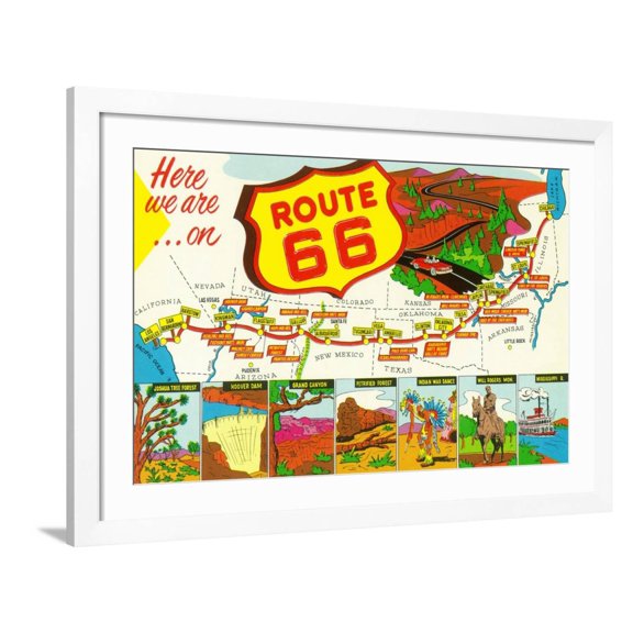 Art.com Map of Route 66 from Los Angeles to Chicago Art Print by Lantern Press, White Frame Wall Art, 44" x 32"