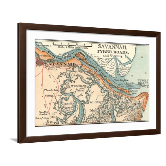 Art.com Map of Savannah (C. 1900), Maps Art Print by Encyclopaedia Britannica, Brown Frame Wall Art, 44" x 32"