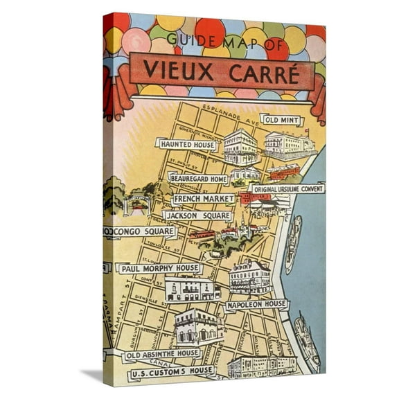 Art.com Map of Vieux Carre, New Orleans, Louisiana Stretched Canvas Print Wall Art, 16" x 24"