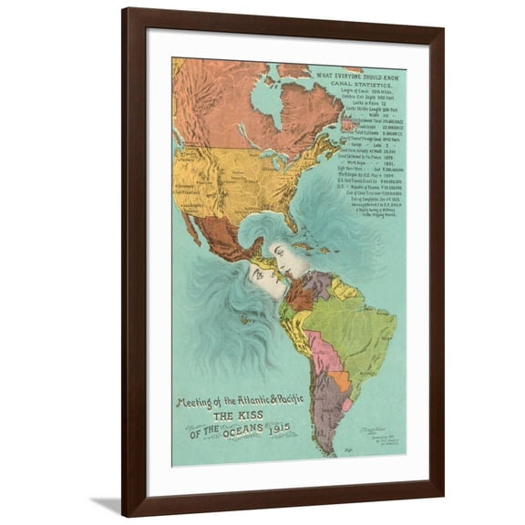 Art.com Map of the Americans, Opening of the Panama Canal Art Print, Brown Frame Wall Art, 32" x 44"