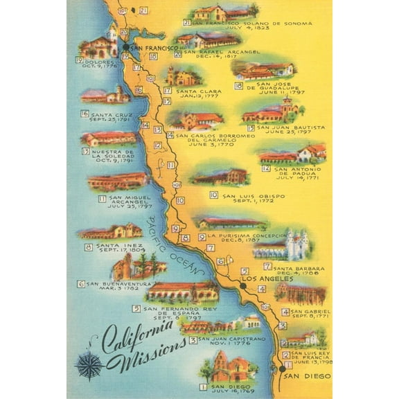 Art.com Map of the Missions, California Art Print, 16" x 24"