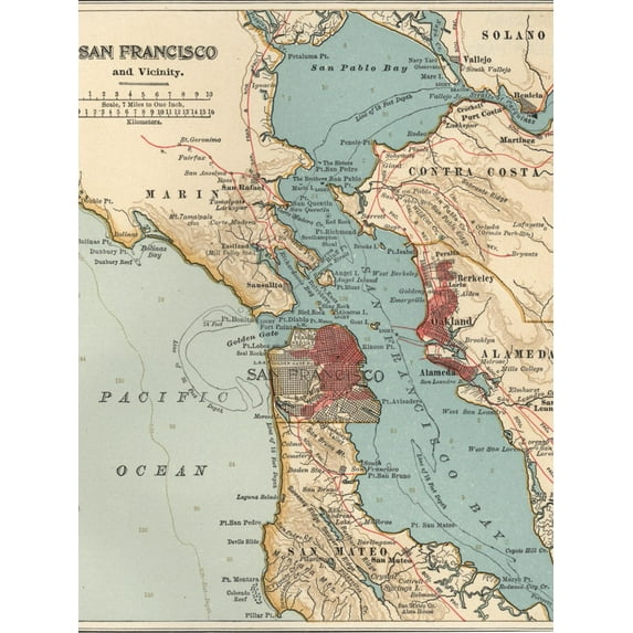 Art.com Map of the San Francisco Bay Area (C. 1900), Maps Art Print by Encyclopaedia Britannica, 18" x 24"