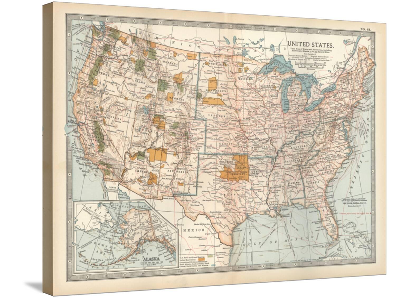 Art.com Map of the United States. Inset of Alaska Stretched Canvas ...