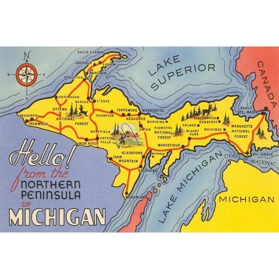 Art.com Map of the Upper Peninsula, Michigan Art Print, 18" x 12"