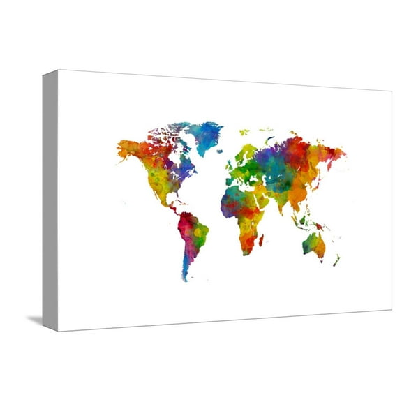 Art.com Map of the World Map Watercolor Stretched Canvas Print Wall Art by Michael Tompsett, 18" x 12"