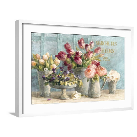 Art.com Marche des Fleurs Blue Gold Art Print by Danhui Nai, White Frame Wall Art, 29" x 21"