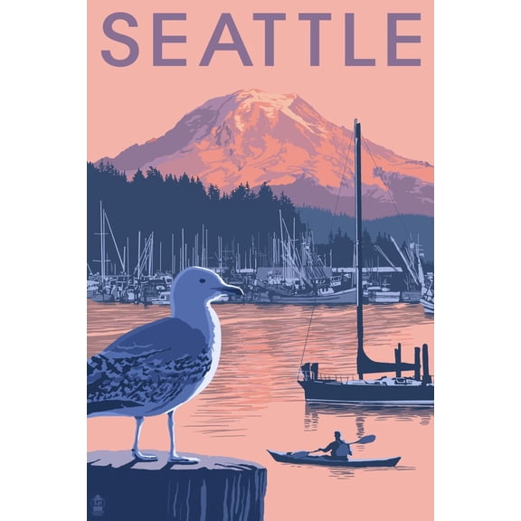 Art.com Marina and Rainier at Sunset - Seattle, Washington Art Print by Lantern Press, 12" x 18"