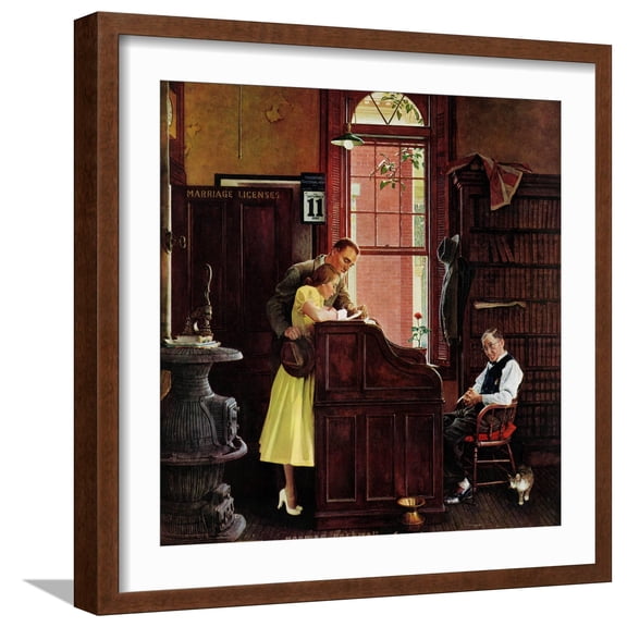 Art.com Marriage License, June 11,1955 Giclee Print by Norman Rockwell, Brown Frame Wall Art, 21" x 21"