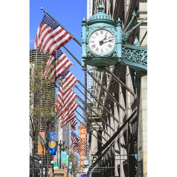Art.com Marshall Field Building Clock, State Street, Chicago, Illinois, United States of America Photographic Print by Amanda Hall, 12" x 18"