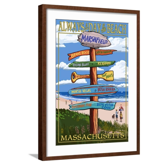 Art.com Marshfield, Massachusetts - Sign Destinations Art Print by Lantern Press, Brown Frame Wall Art, 21" x 29"