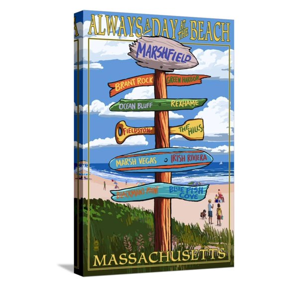 Art.com Marshfield, Massachusetts - Sign Destinations Stretched Canvas Print Wall Art by Lantern Press, 12" x 18"