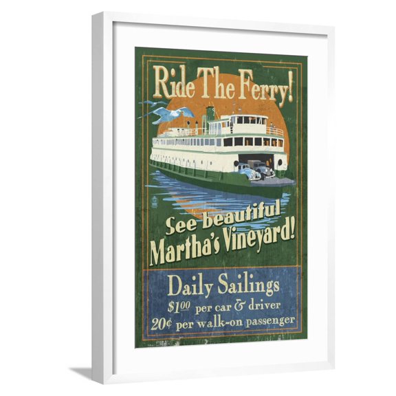 Art.com Martha's Vineyard, Massachusetts - Ferry Ride Art Print by Lantern Press, White Frame Wall Art, 21" x 29"