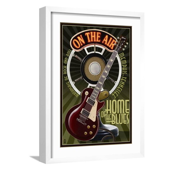 Art.com Memphis, Tennessee - Guitar and Microphone Art Print by Lantern Press, White Frame Wall Art, 17" x 23"
