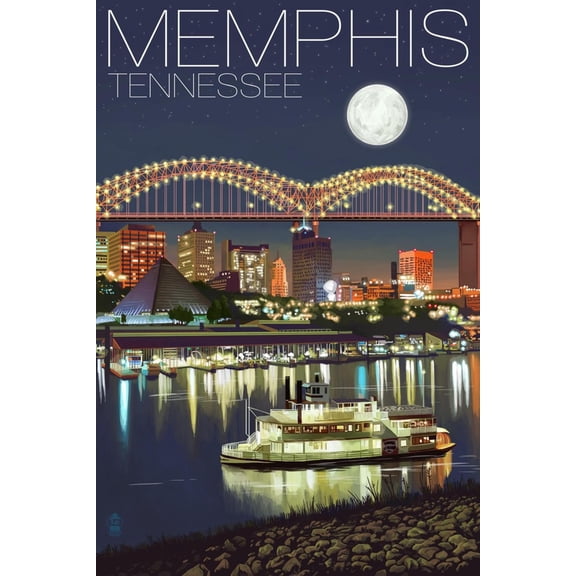 Art.com Memphis, Tennessee - Memphis Skyline at Night Art Print by Lantern Press, 12" x 18"