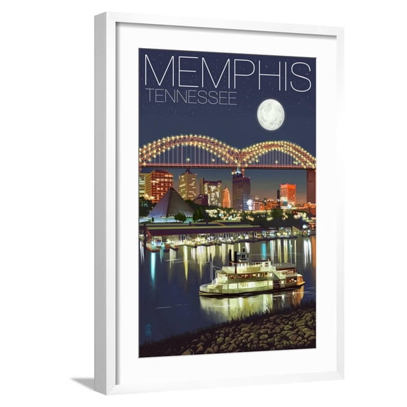 Art.com Memphis, Tennessee - Memphis Skyline at Night Art Print by Lantern Press, White Frame Wall Art, 21" x 29"
